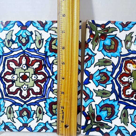 Cedolesa Made In Spain 2 Ceramic Tiles Hand-painted Geometric Mid 20th Century 8 - Picture 2 of 5